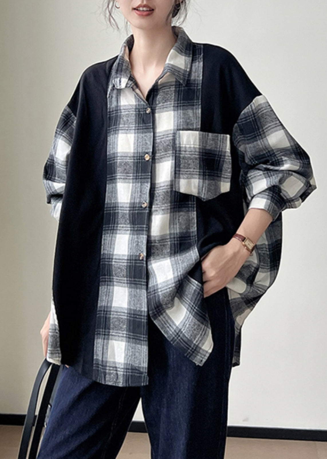 Black Plaid Button Patchwork Cotton Shirts Fall