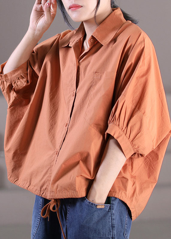 Yellow Peter Pan Collar Drawstring Pocket Cotton Shirt Top Short Sleeve