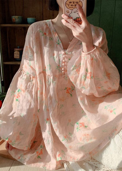 Pink Button Print Cotton Blouse Lantern Sleeve