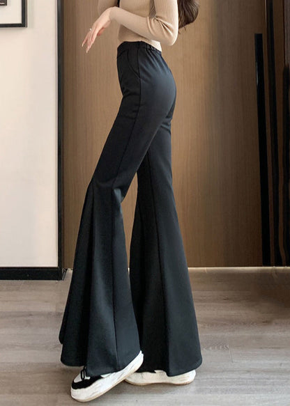 Black Elastic Waist Spandex Flared Trousers Spring