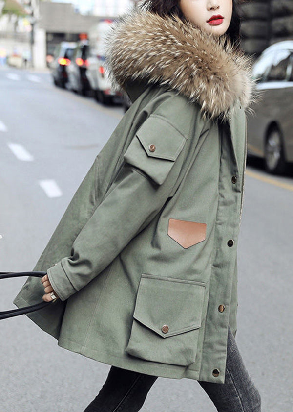 Army Green Zip Up Fur Collar Cotton Puffer Parka Jacket Winter