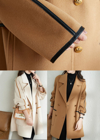 White Lapel Patchwork Pu Woolen Trench Coat Fall