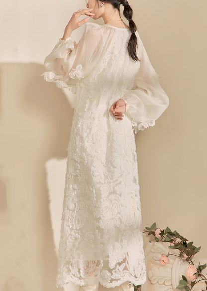 White V Neck Tulle Maxi Dresses Fall