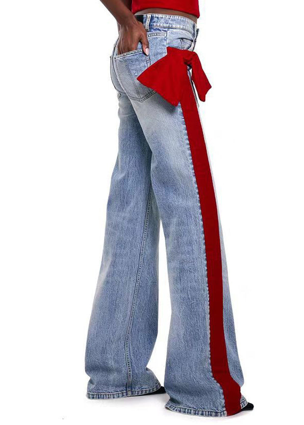 Red Pockets Bow Patchwork Denim Pants Fall