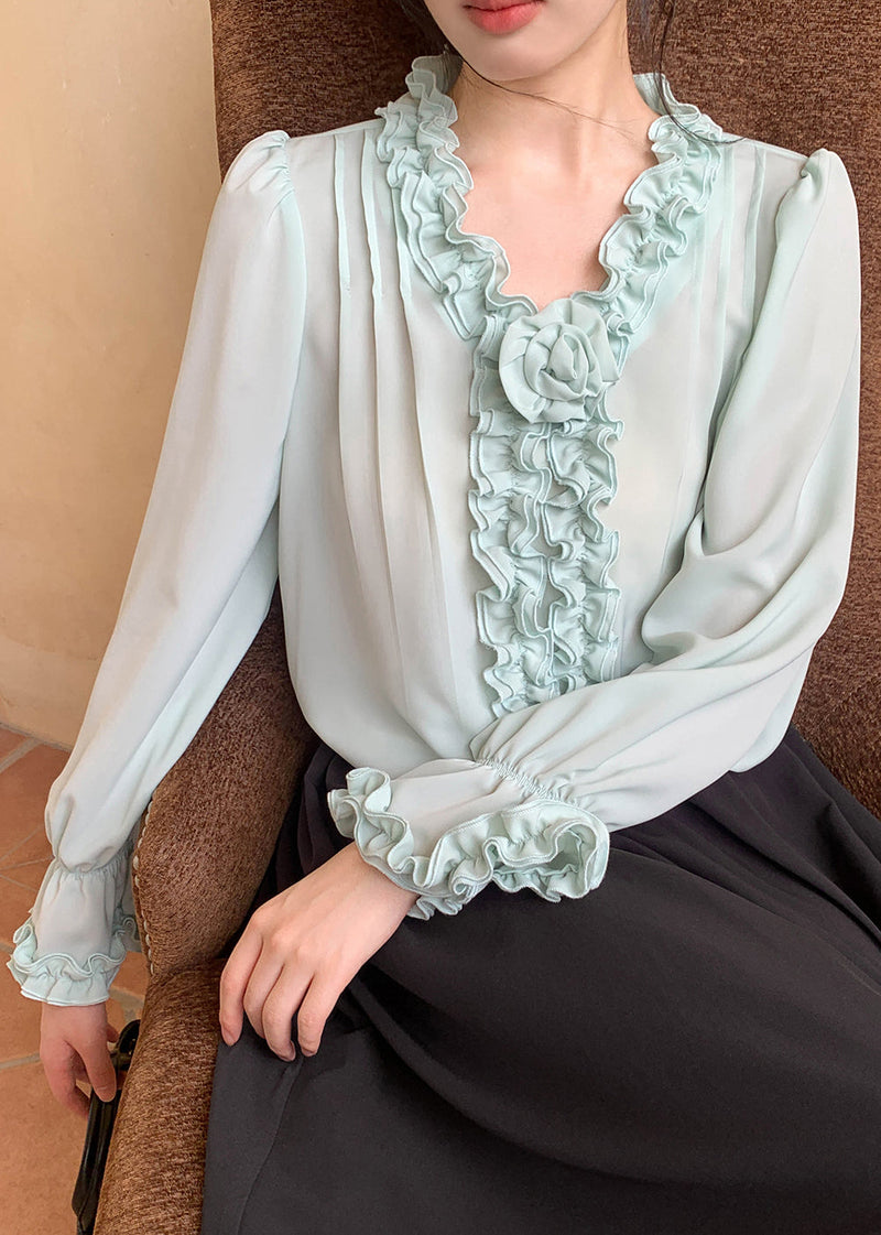 Mint Green Chiffon Blouses V Neck Spring