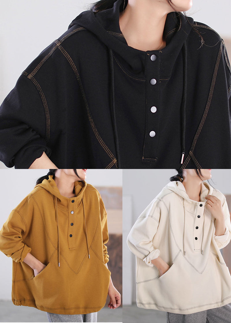 Stylish Black Hooded Pockets Cotton Sweatshirts Top Long Sleeve
