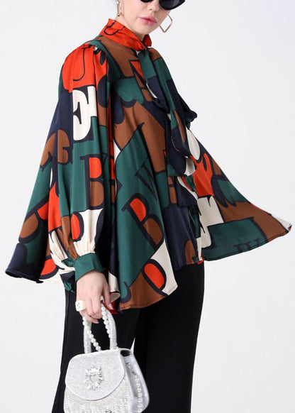 Colorblock Bow Print Patchwork Silk Shirt Spring