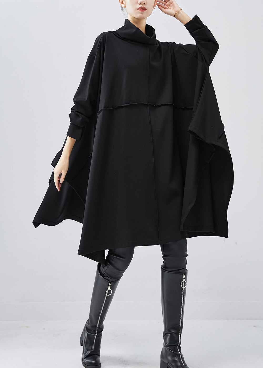 Black Turtle Neck Asymmetrical Exra Large Hem Cotton Dress Spring