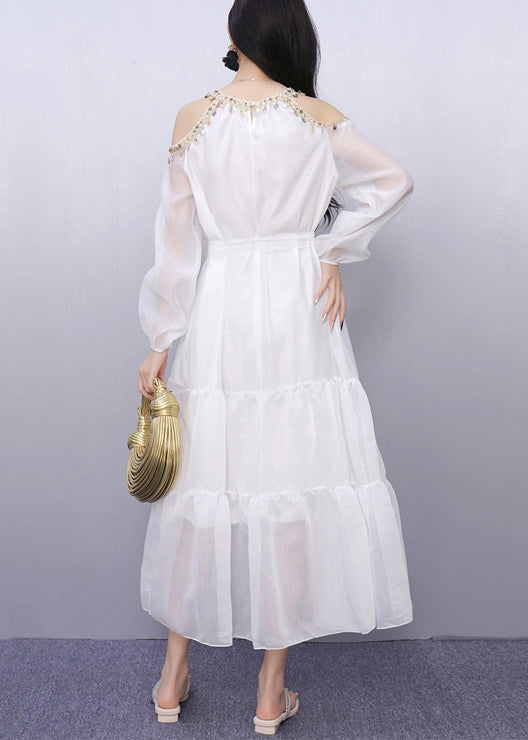 White Sequins Cold Shoulder Holiday Dress Summer