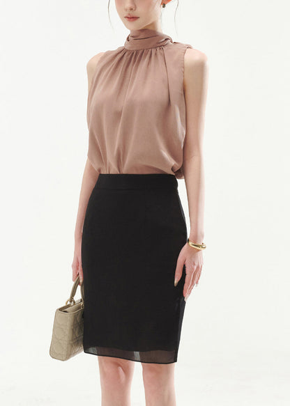 Loose Rubber Powder Bow Tops and Side Open Black Skirts Two Piece Set Sleeveless