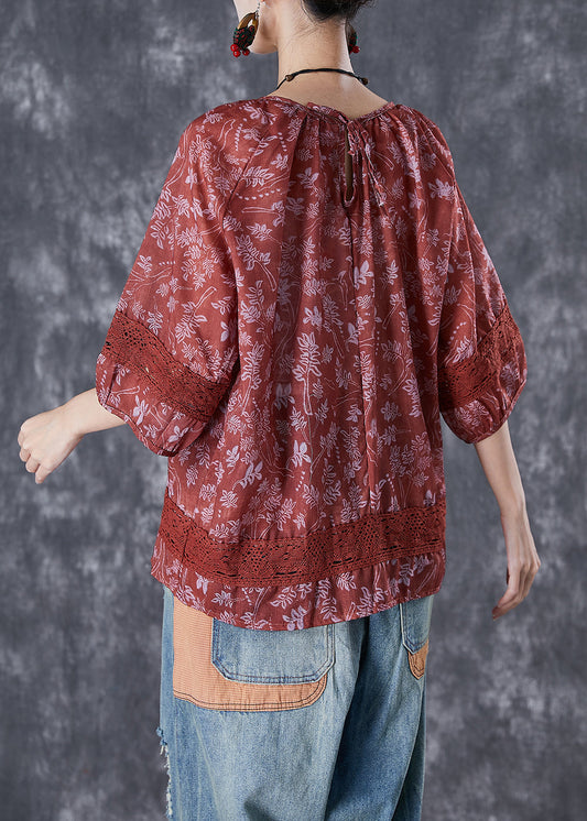 Dull Red Print Patchwork Hollow Out Linen Shirt Top Half Sleeve
