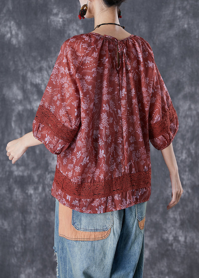 Dull Red Print Patchwork Hollow Out Linen Shirt Top Half Sleeve