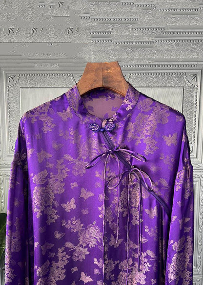Purple Print Lace Up Patchwork Silk Shirts Long Sleeve