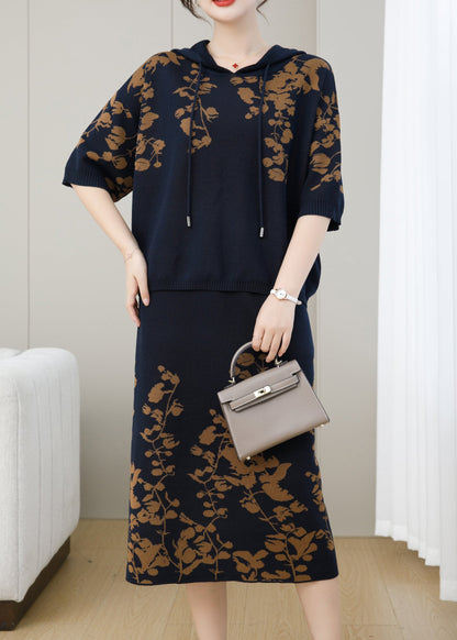Navy Hooded Jacquard Patchwork Knit Two Piece Set Fall