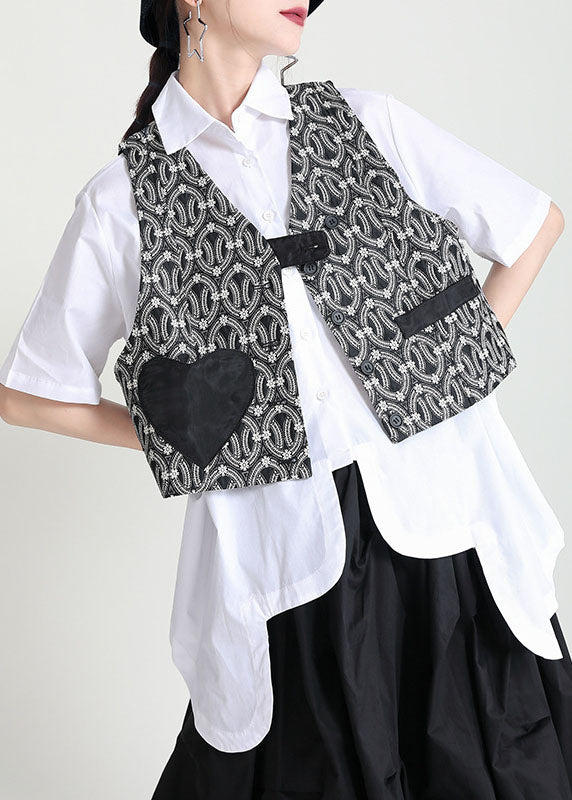 Black V Neck Patchwork Love Applique Print Cotton Vests Sleeveless