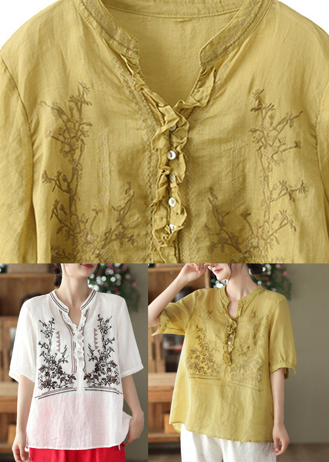 Yellow V Neck Embroideried Linen T Shirt Short Sleeve