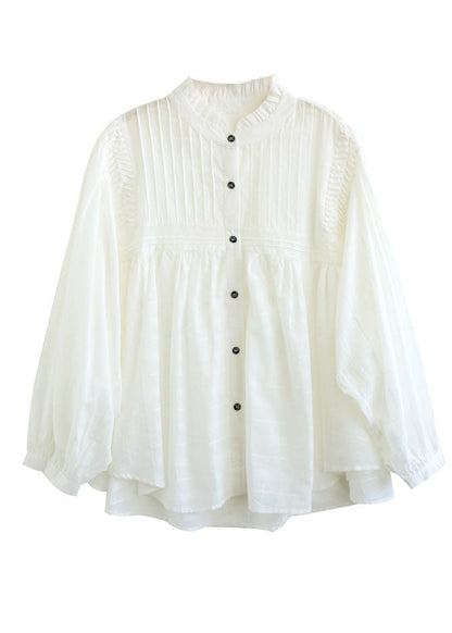 White Ruffled Patchwork Wrinkled Exra Large Hem Cotton Shirts Spring