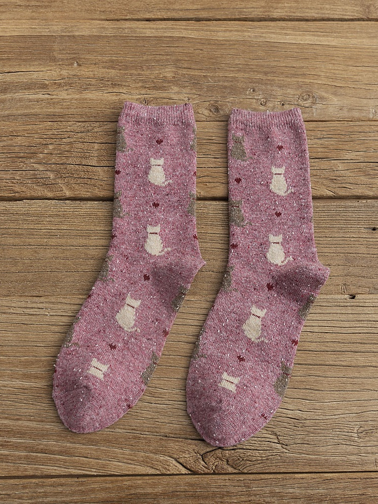 Comstylish Lovely Cats & Heart Pattern Comfy Knit Socks