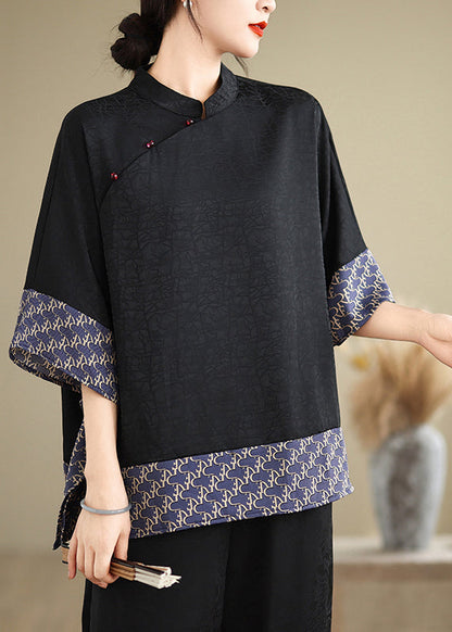Blue Oversized Patchwork Silk Shirts Summer