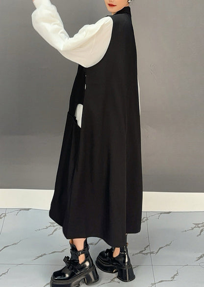 Black Zippered Patchwork Hollow Out Long Waistcoat Dress Spring