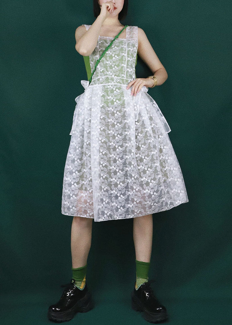 White Embroideried Bow Tulle Vacation Strap Dresses Summer
