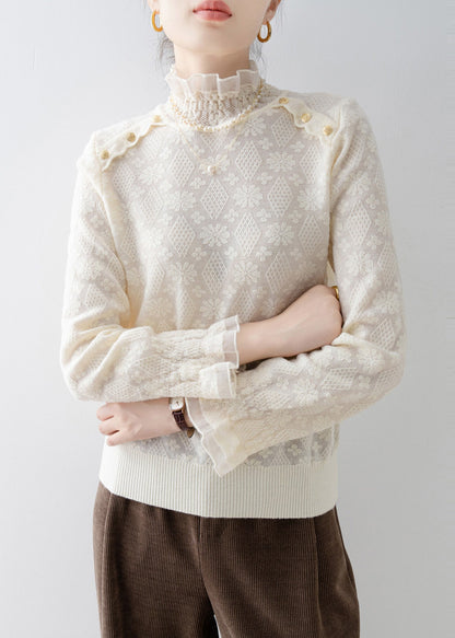 Apricot Stand Collar Jacquard Lace Shirt Top Spring