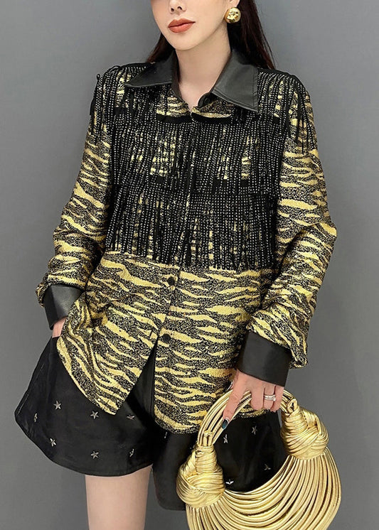 Yellow Tasseled Faux Leather Patchwork Blouse Spring