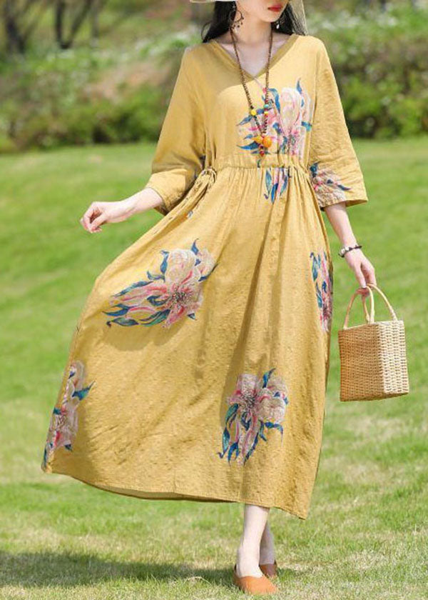 Red V Neck Print Cinched Patchwork Linen Dress Summer
