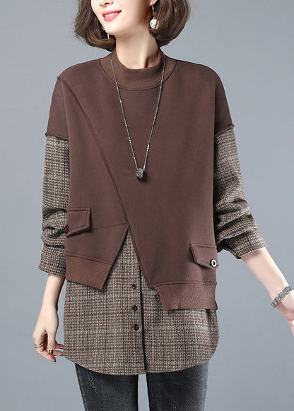 Chocolate Colour O-neck Patchwork Fake Two Pieces Sweatshirt Long Sleeve