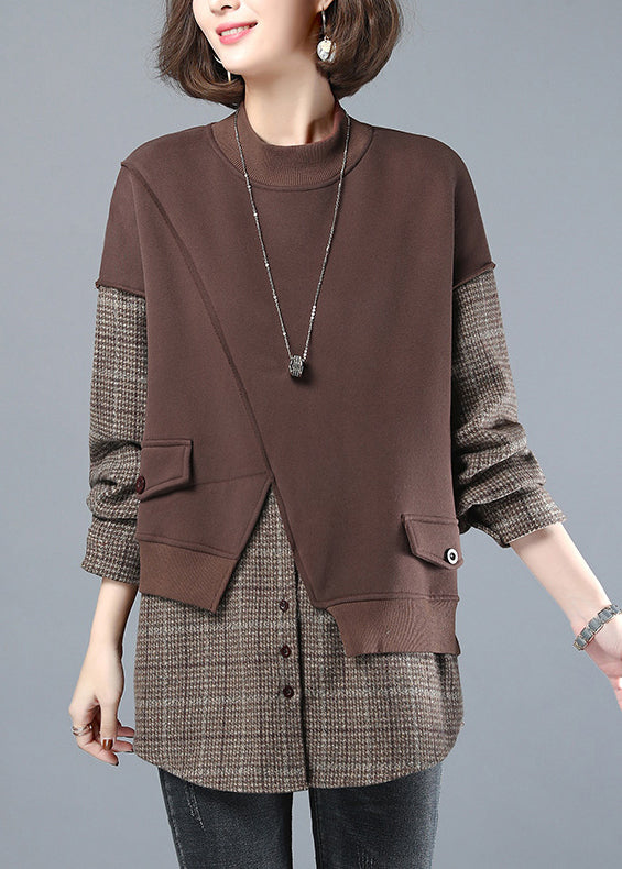 Chocolate Colour O-neck Patchwork Fake Two Pieces Sweatshirt Long Sleeve