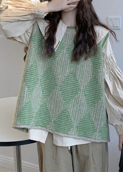 Loose Green Plaid Print Knit Waistcoat and Shirts Two Pieces Set Fall