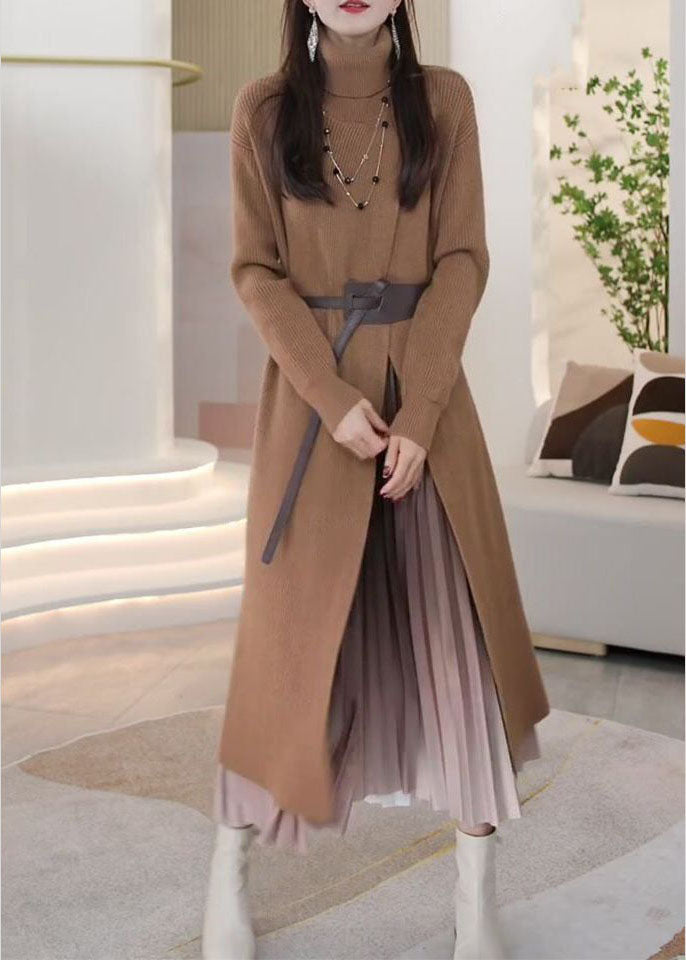 Khaki Hign Neck Patchwork Front Side Open Knit Knit Dress Winter
