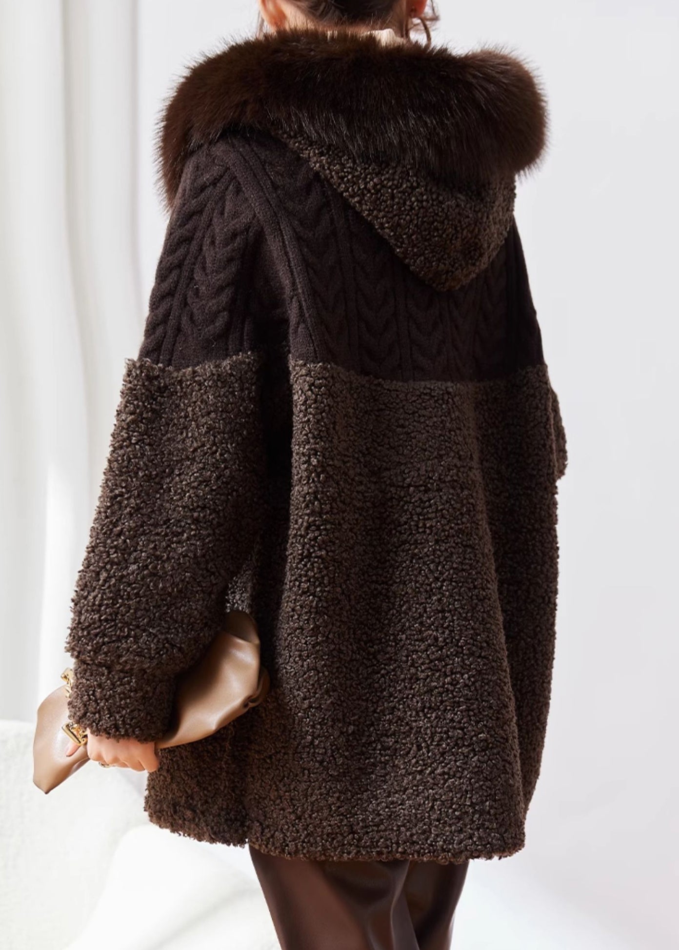 New Coffee Knitted Patchwork Faux Fur Thick Hooded Coats Winter
