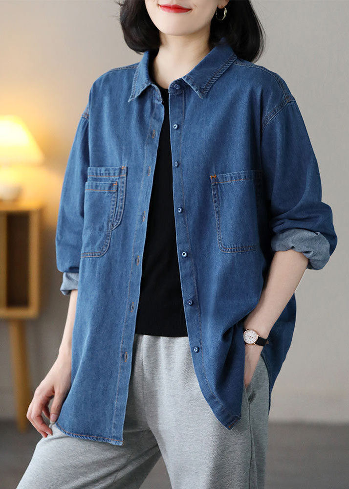 Blue Peter Pan Collar Pockets Cotton Denim Shirts Spring