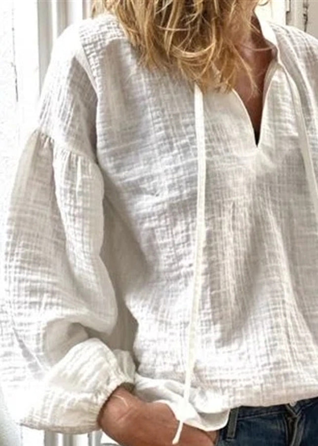 Loose White V Neck Lace Up Linen Blouses Long Sleeve