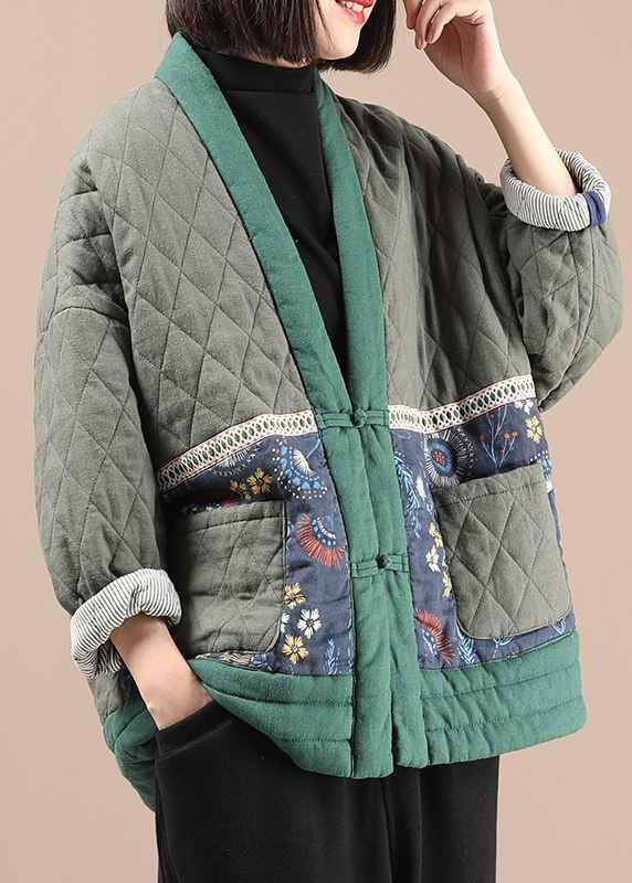 Green V Neck Pockets Fine Cotton Filled Jacket Winter