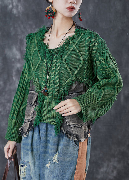 Green Patchwork Denim Knit Sweater Tops Oversized Pockets Winter