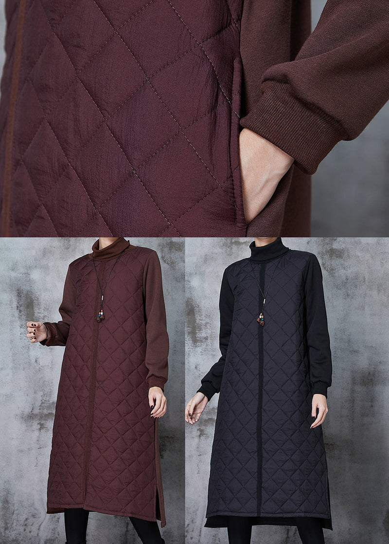 Brown Turtle Neck Patchwork Fine Cotton Filled Dresses Spring
