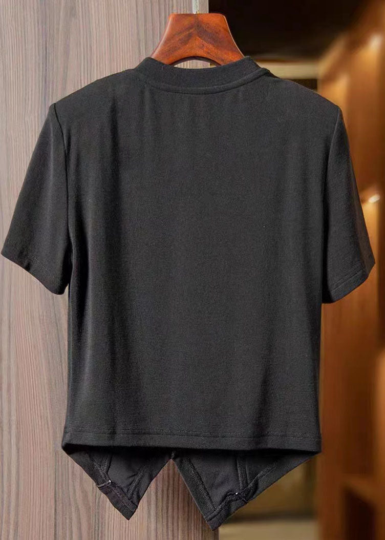Black Asymmetrical Chinese Button Patchwork Cotton T Shirts Tops Summer