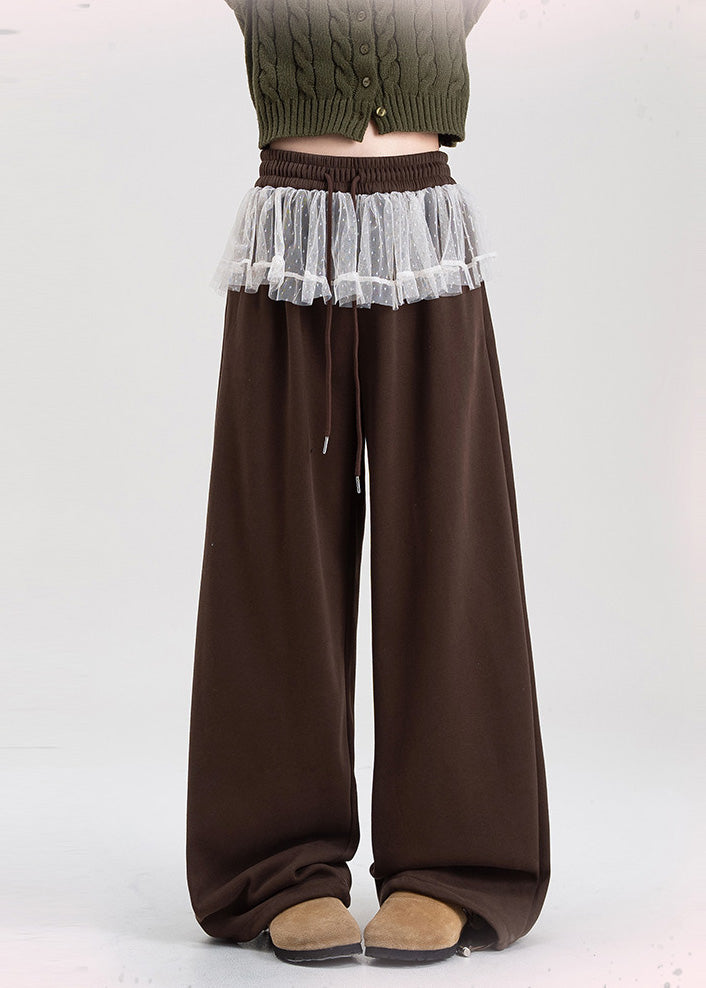 Brown Oversized Patchwork Lace Warm Fleece Pants Spring