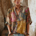 Bohemian Floral Pattern Embroidery Vintage Patchwork V-neck Short-sleeved Shirt artswardrobe