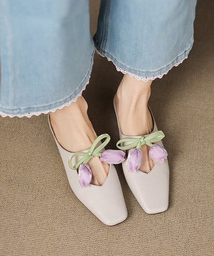 French Pink Cowhide Leather Splicing Slide Sandals