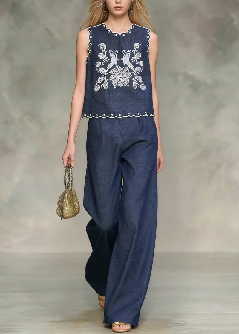 French Navy Embroidered Denim Two Pieces Set Sleeveless