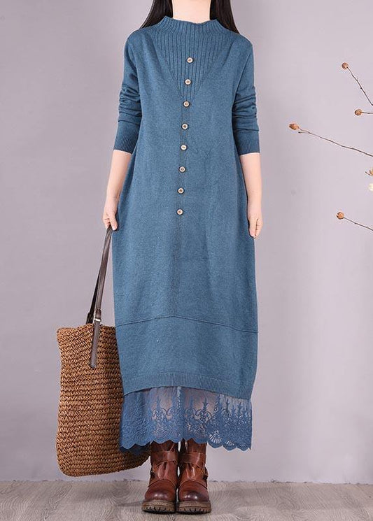 Vivid Blue Tunics O Neck Patchwork Lace Spring Dress