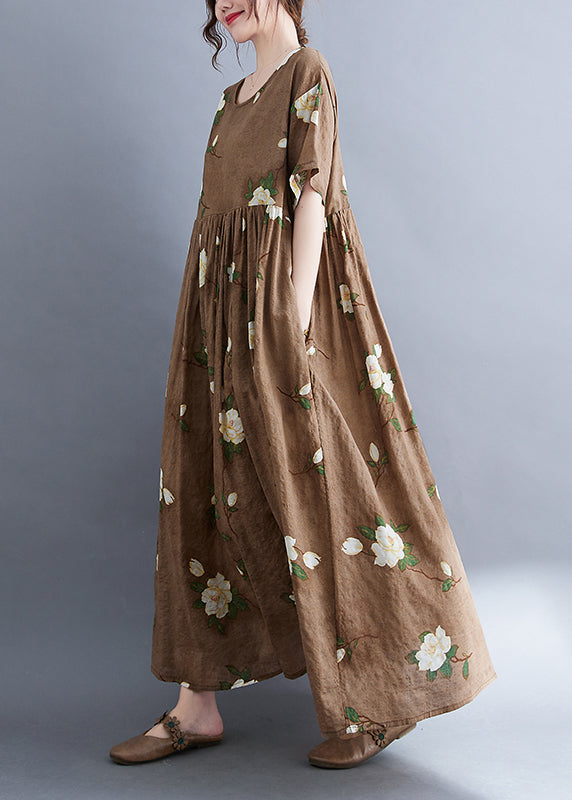Modern Coffee O-neck Print Long Dress Summer