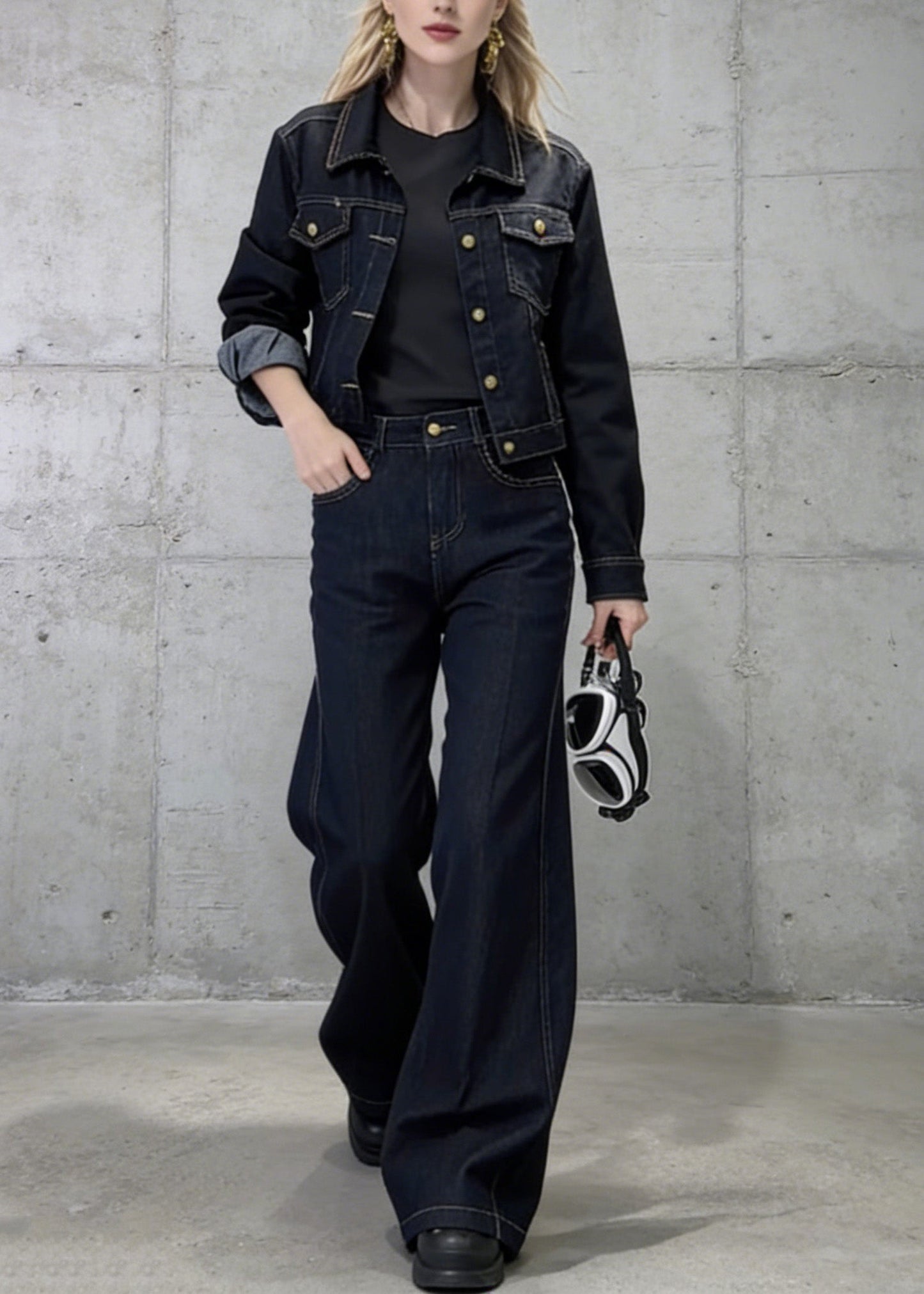 New Blue Peter Pan Collar Coat Pants Denim Two Pieces Set Spring