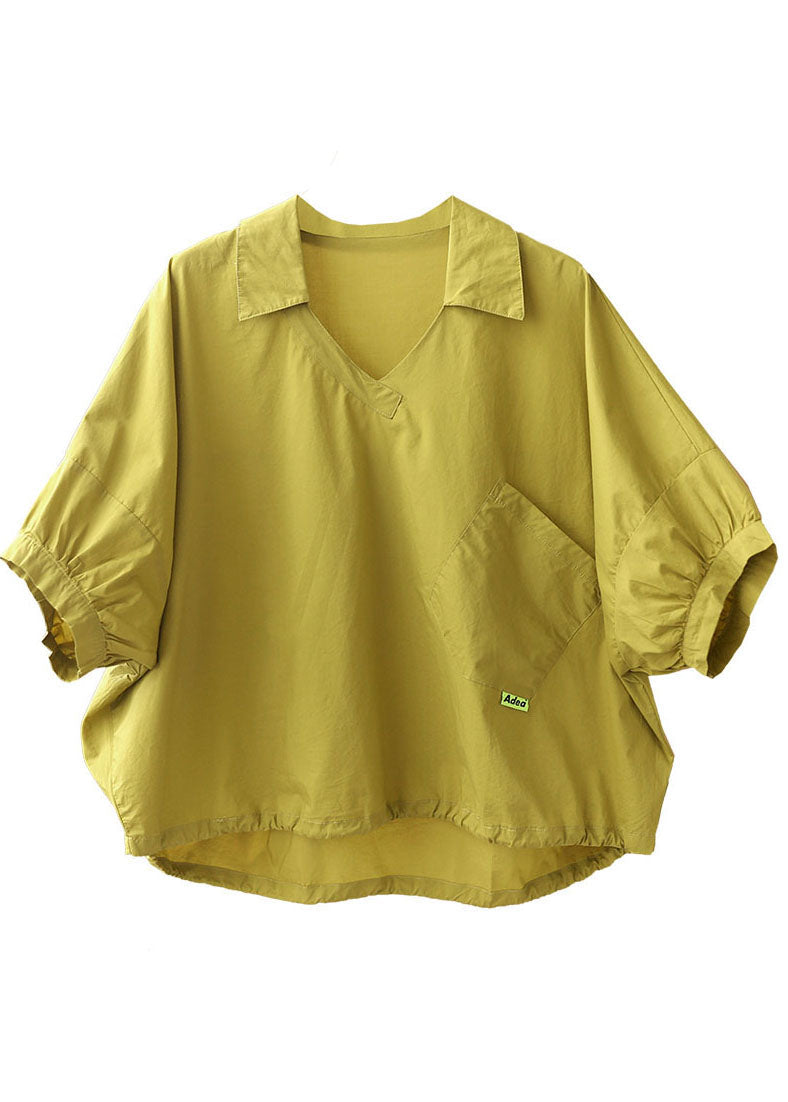 Yellow V Neck Patchwork Cotton Loose Shirt Tops Short Sleeve