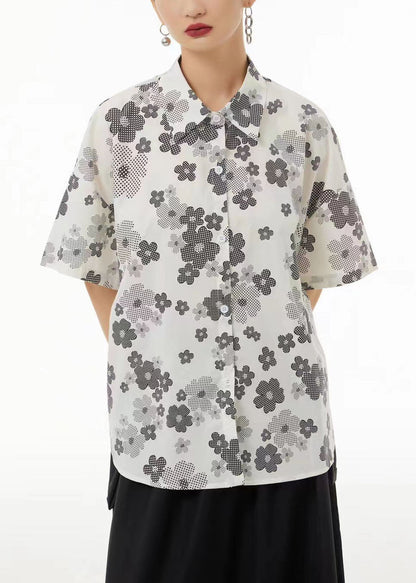 White Peter Pan Collar Print Cotton Shirts Summer