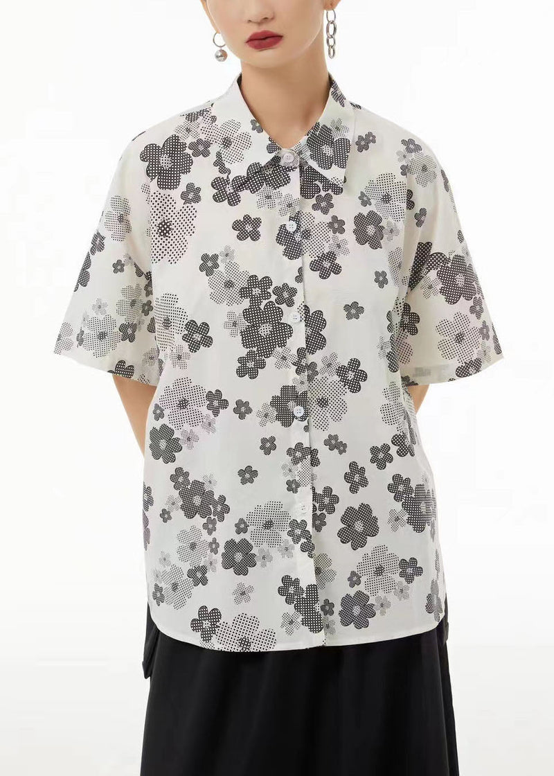 White Peter Pan Collar Print Cotton Shirts Summer