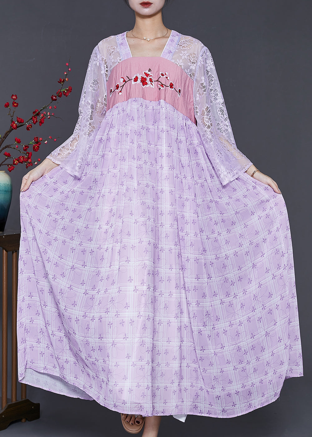 Purple Embroidered Hollow Out Chiffon Long Dress Summer